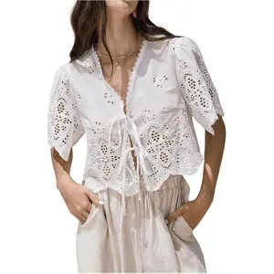 SOLY HUX Women's Hollow Tie Front Crop Tops Ruffle Short Sleeve V Neck Summer Blouse Shirts Boho Style Eyelet Embroidery Comfortable Fabric