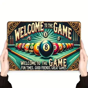 2D Retro Billiard Room Welcome Sign - Features vintage green felt, numbered balls, and cue patterns - Suitable for indoor/outdoor game room decoration, ideal for homes, bars, dens, and game rooms. Retro metal tin sign
