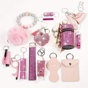 ERT-15pcs Rhinestone Safety Keychain Set for Women, Wristlet Keyring with Storage Pouch & Pom Pom Card Holder Accessories Kit