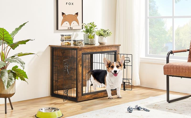 【Valentine Gift】Yaheetech 27.5″W/32″W/38″W/40″W Dog Crate Furniture For Dogs, Rustic Industrial Multi-functional Wooden Dog Kennel with Anti-skid Plush Mat