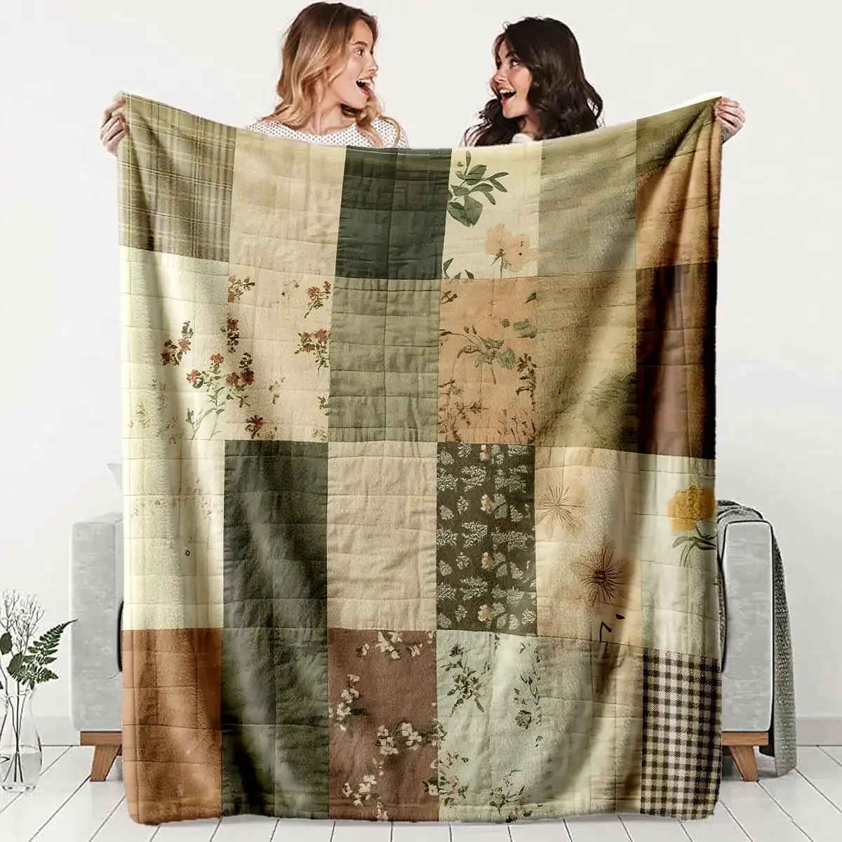 Vintage Patchwork Floral Flannel Blanket, Soft Lightweight Warm, Perfect for Bed Sofa Office Camping Travel, Ideal Gift, Soft And Lightweight, Lightweight Throw Blanket, Bedroom Blanket, Lightweight Cozy Blanket