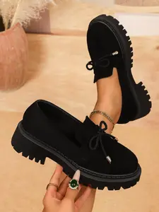 Women's Casual Round Toe Loafers, Size 36-43, Thick Sole Height Increasing Shoes, Butterfly Knot Design, All Seasons Fashion Footwear, Platform Loafers