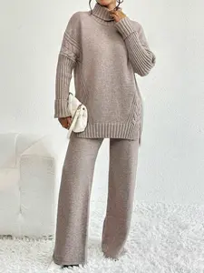 Women's Textured Split High Low Hem Sweater & Wide Leg Knitting Pants, Casual Fashion Cozy Turtle Neck Jumper & Trousers for Daily Outdoor Wear, Women's Knitwear for Fall & Winter