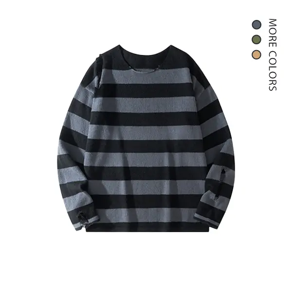Men's Crew Neck Heavyweight Cotton Pullover Sweatshirt - Loose Fit Long Sleeve, Colorblock Stripe, Vintage, Breathable, Personalized, Fashion Casual Streetwear Menswear Top