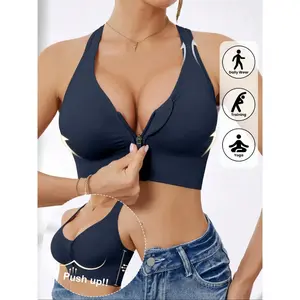 Women's Front Zip Wireless Bra, Detachable Pads, X-Type Straps No Underwire Design, Plain Sporty Everyday Multi-Purpose Breathable Stretch Sports Bra