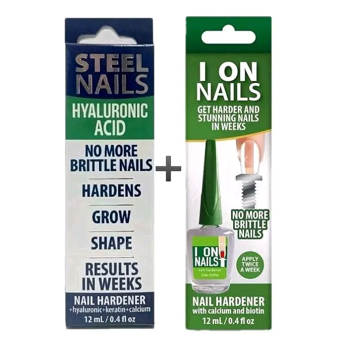 (Duo Pack) 2In1 Steel & Acetate Nail Care Hardener Set, 12ml Each, Treatment with Calcium, Keratin, Hyaluronic Acid, Garlic, Dual Action Hyaluronic Support, Balanced for All Weak Nails, Sohochic Manicure