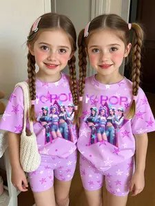 K-Pop Idol Girl Star Print Kids Set, Gradient Short Sleeve Shorts Two-Piece, Casual Slim-Fitting, No Button Design