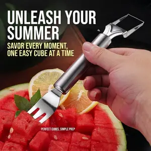 2-in-1 Watermelon Slicer & Fork – 2-Pack Stainless Steel Fruit Cutter Tool for Watermelon, Mango, Pitaya – Portable for Camping, Picnics, Home, Parties – Effortless Cubes & No Mess