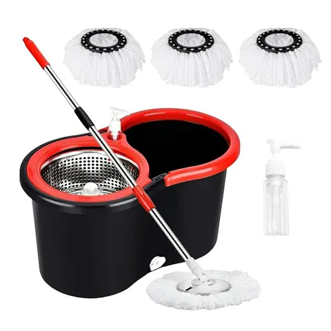 360° Swivel Head Microfiber Mop and Bucket System Set - Self-Wringing Easywring Wet & Dry, Adjustable Polyester Head, Sturdy Bottle-Included Bucket System for Indoor Floor Cleaning Home Care Supplies