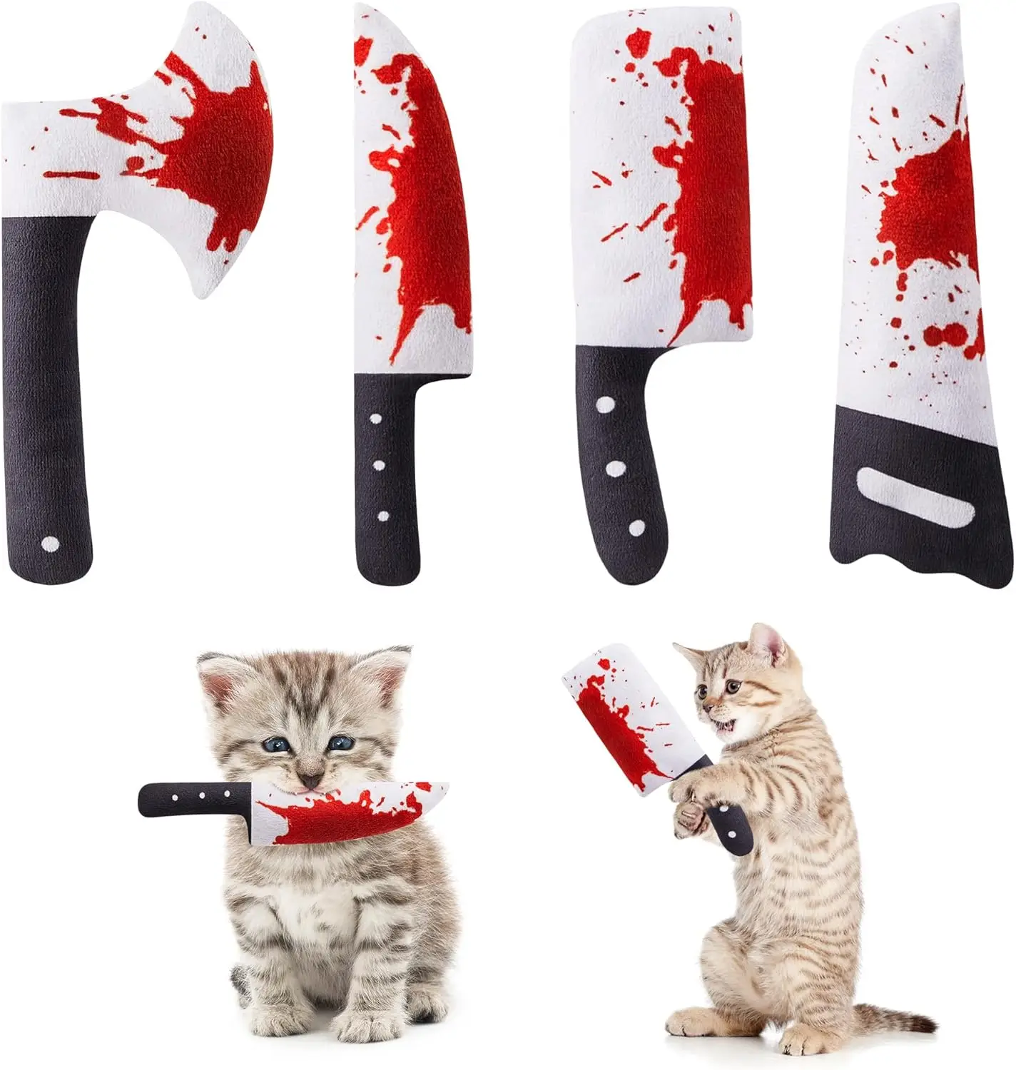 4Pcs 7.5-Inch Horror Knife-Shaped Catnip Crinkly Sound Plush Kitten Bite Kicker Toys for Indoor Exercise All Breeds Funny Cat Toys