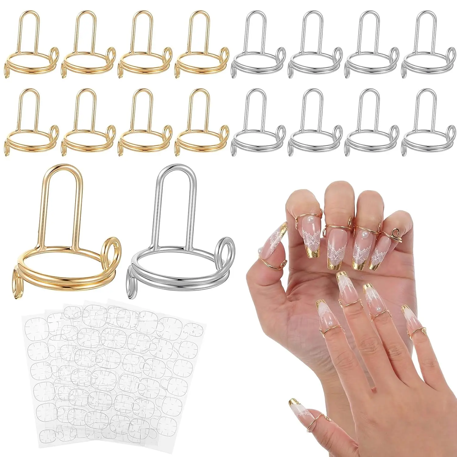 20 Pcs Nail Rings Set With 120 Adhesive Tabs - Wudu Nail Ring No Glue - Gold And Silver Metal Fingernail Rings For Press On Nails And Nails Art Decoration