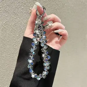 Luxury Crystal Phone Lanyard Short Water Drop Design Handmade Beaded Wrist Strap Anti-Loss Hanging Accessory with Transparent Clip Cell Phone Charm