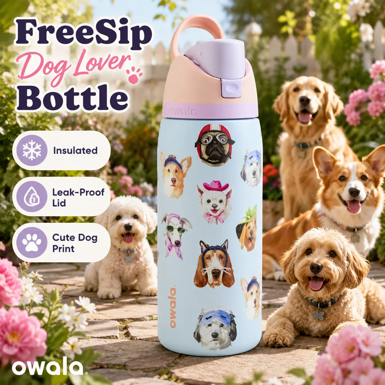Owala FreeSip Dog Collage Insulated Water Bottle – Cute Pet Lover Bottle