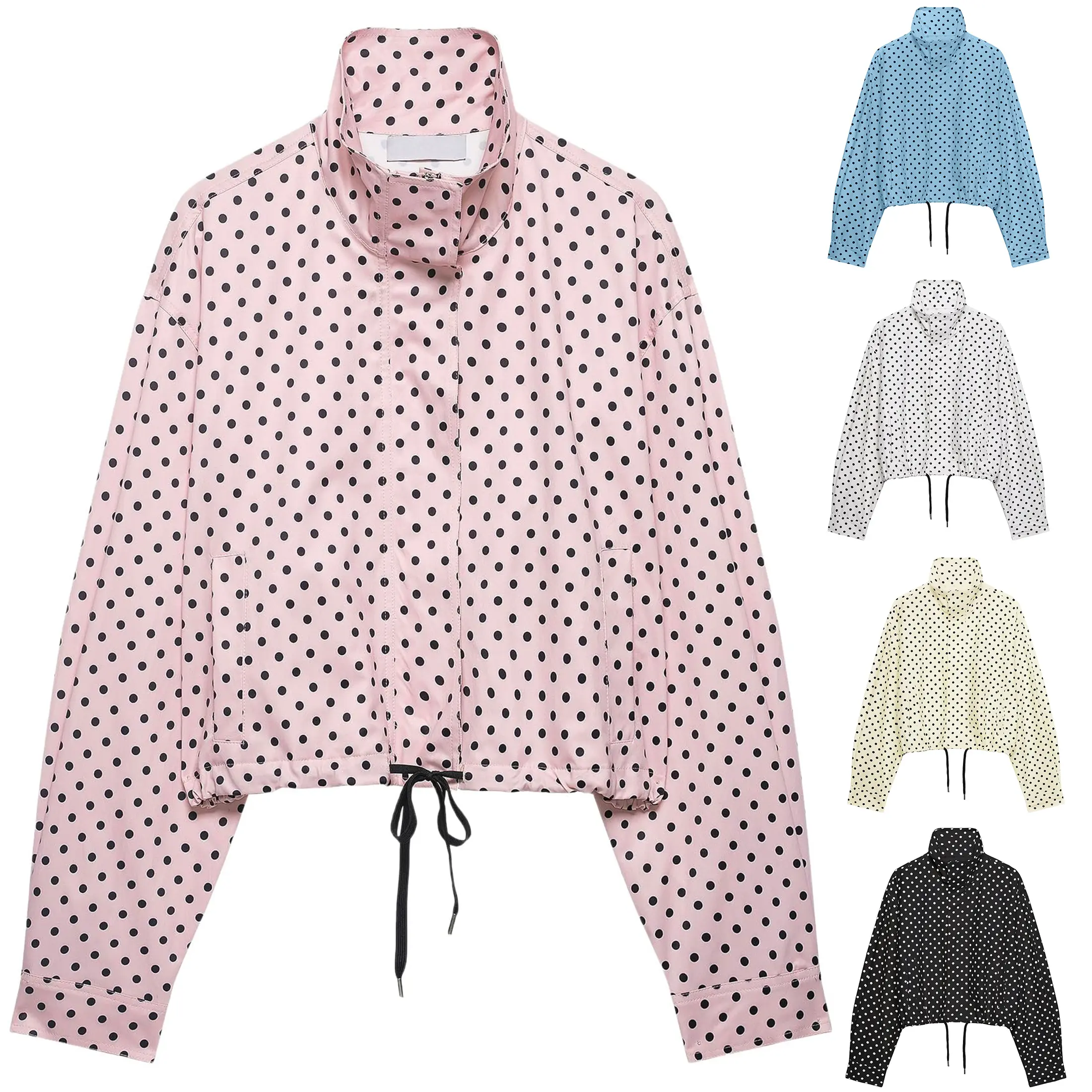 JovenPara Women’s Casual Polka Dot Cropped Zip-Up High Neck Windbreaker - Lightweight Oversized Longsleeve Outerwear, Trendy Streetwear Jackets Zip Up Top