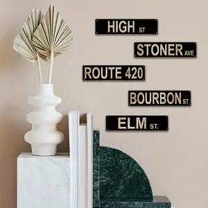 Retro Humor Street Sign Set 5pc Black Metal Wall Plaques w Stoner Ave Bourbon St Minimalist Home Bar Decor w Vintage Vibe