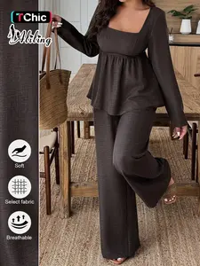 Aliling Women's Two-Piece Fall Casual Set, Fashion Pants Set, Regular Length Fitted Long Sleeve Top and High-Waisted Wide Leg Pants, Plain Woven Fabric