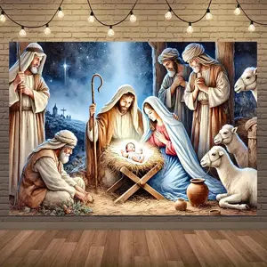 Large Nativity Scene Banner Durable Polyester Christmas Backdrop with Mary Joseph Youngsters Jesus Shepherds & Animals Indoor Outdoor Church Decor Wedding Birthday Graduation Party Photo Backdrop Event Backdrop Traditional Nativity Scene