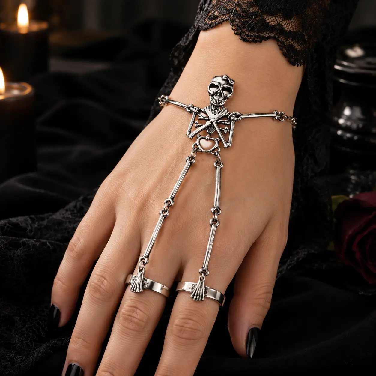 Skeleton Hand Chain Bracelet with Ring, Women's Gothic Punk Jewelry with Adjustable Movable Skull, Edgy Accessory for Halloween & Daily Wear, Funky, Alloy