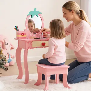 Pink Apple Kids Vanity Table Set - Small Space Children's Dressing Table with 1 Drawer & 2 Storage Compartments, Non-Toxic MDF for Bedroom