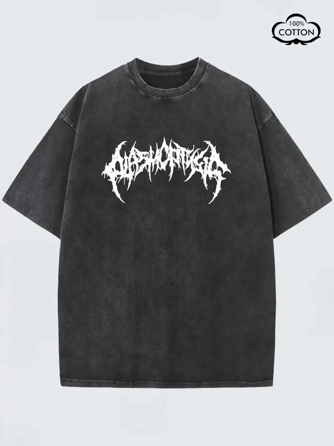 Men's Opium Style Acid Wash Graphic T-Shirt - Short Oversized Heavyweight Cotton Fabric Tee with Death Metal Typography Print - Dark Aesthetic Washed Grey Streetwear Top for Cyber Grunge Outfits