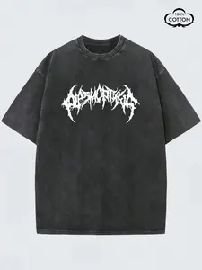 Men's Opium Style Acid Wash Graphic T-Shirt - Short Oversized Heavyweight Cotton Fabric Tee with Death Metal Typography Print - Dark Aesthetic Washed Grey Streetwear Top for Cyber Grunge Outfits