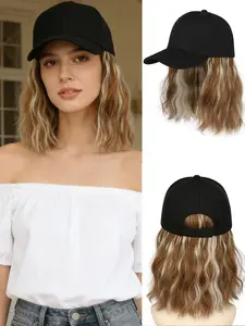 Hat Wig Baseball Cap Short Mix Light Golden Honey Blonde Synthetic Curly Wavy Hair Extension Attached for Women Adjustable Shoulder Length Wigs for Daily Party Outdoor Use
