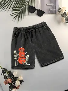 Men's Street Style Shorts with Drawstring Waistband, Halloween Skull Pumpkin Print, Vintage Relaxed Fit Summer Casual Wear