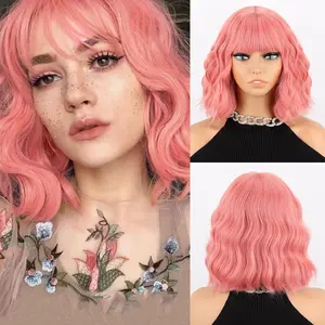 Xinran Short Pink Wavy Wig with Bangs,Short Curly Light Pink Hair Wig for Women,Synthetic Natural Looking Cosplay Pastel Pink Bob Wigs 12inch