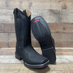 Men's Western Rodeo Cowboy Square Toe-Genuine Cowhide Leather With Snake-Print Embossed Pattern and Rubber Sole Est.740 Suela Hule