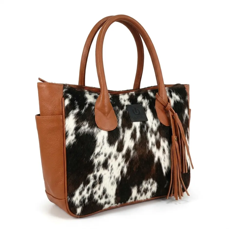 Genuine Hair-on Cowhide Leather Tote Bag – Premium Black & White Western Shoulder Purse with Tassel Accent, Luxury Work, Travel & Everyday Shopping Handbag for Women (17" x 14" x 6")