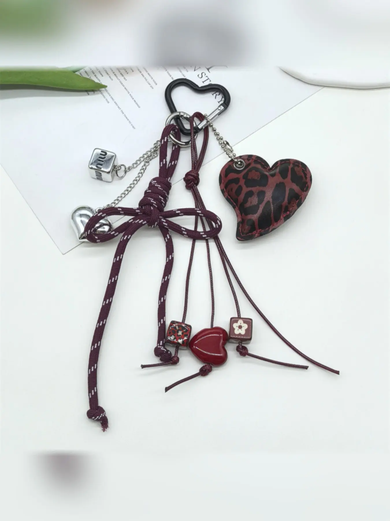 Butterfly Knot Braided Rope Keychain Accessories, Casual Asymmetrical Print Leather Accessory, Leopard Heart Design, Phone Strap, Bag Charm