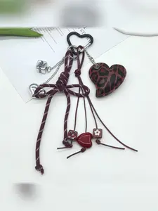Butterfly Knot Braided Rope Keychain, Casual Asymmetrical Print Leather Accessory, Leopard Heart Design, Phone Strap, Bag Charm