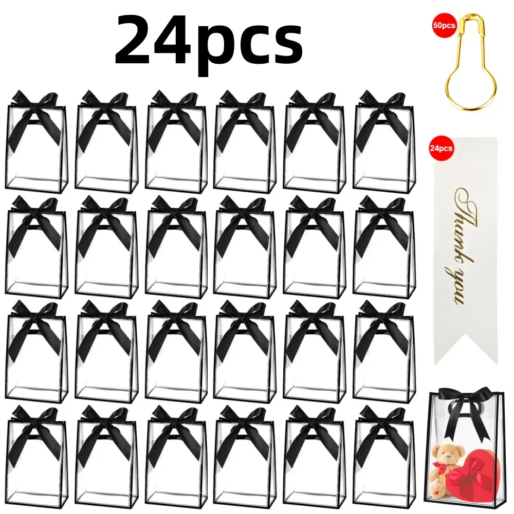 24 piece Reusable Party Favor Bags with Ribbon Clear Plastic Gift Bags for Wedding Bridal Birthday Baby Shower Gift