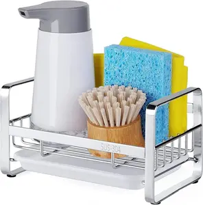 HULISEN Kitchen Sink Sponge Holder, 304 Stainless Steel Kitchen Soap Dispenser Caddy Organizer, Countertop Soap Dish Rack Drainer with Removable Drain Tray, Not Including Dispenser and Brush
