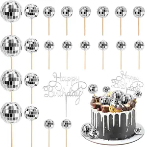 23 PCS Disco Ball Cupcake Toppers Happy Birthday Cake Toppers Silver Disco Ball Cake Picks 1970s Disco Theme Cake Decorations for Birthday Party Favor