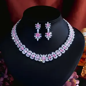Pink Zircon Necklace & Earrings Jewelry Set – White Gold Plated