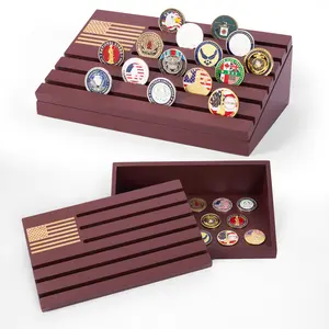 Military Challenge Coin Display with Engraved Flag and Storage in Mohogany Finish for Collectors
