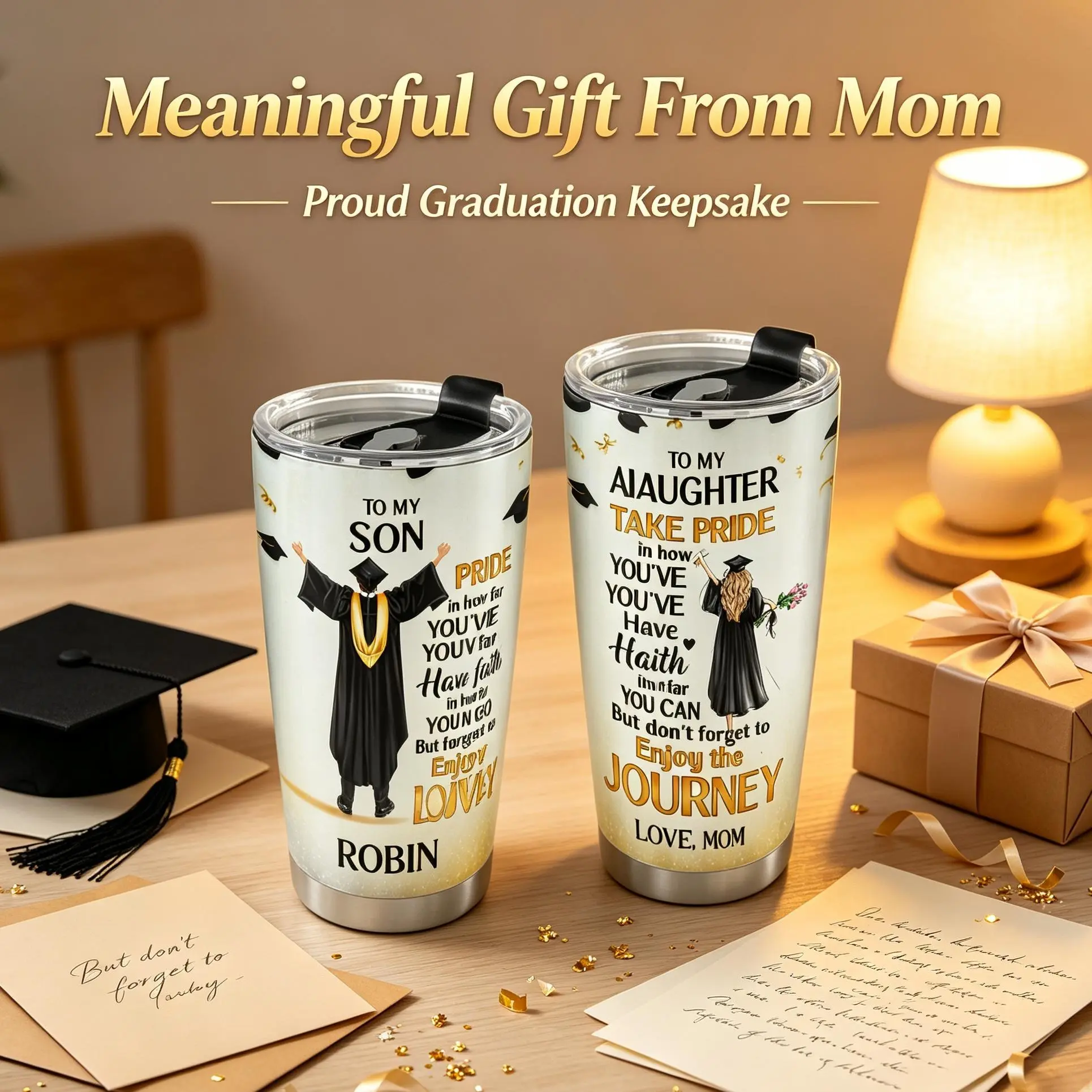 2pcs 40oz Customized Stainless Vacuum Flask Tumbler Set From Mom - Personalized To My Son/Daughter Grad Gift, Custom Name, Graduate Outfit, Handle, Leakproof Lid, Kitchenware Drinkware, Flasks, Steel