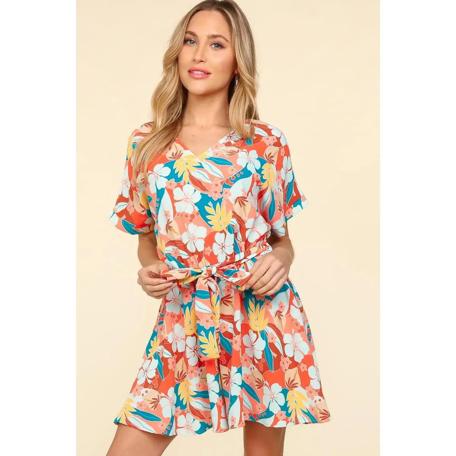 Coral Tropical Floral Tie-Front Romper