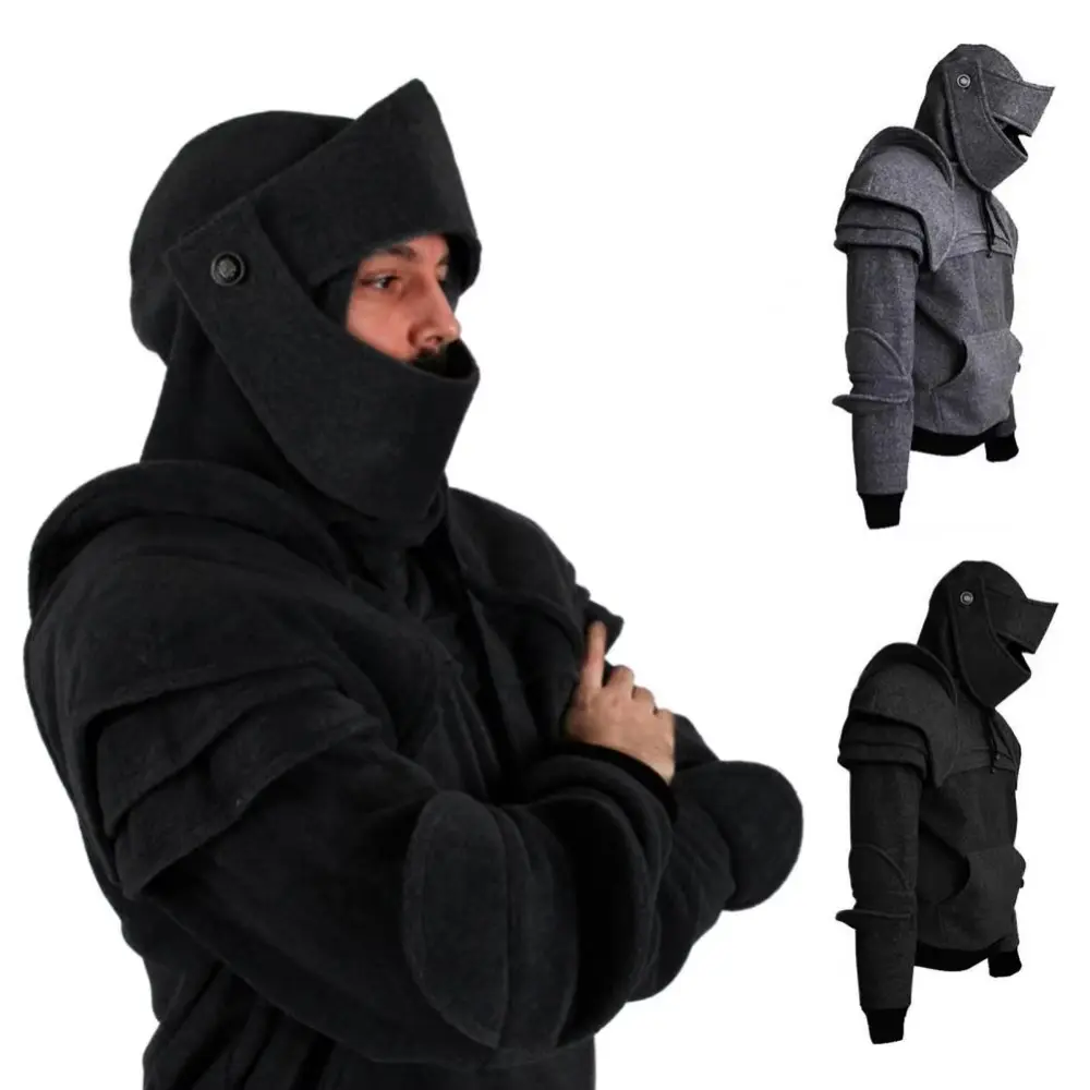 Men's Medieval Knight Hoodie, Solid Color Pullover with Face Mask and Front Pocket, Perfect for 2026 Halloween Costume, Cosplay, Themed Party, Everyday Layering, Versatile, Comfortable, Heavyweight Knit