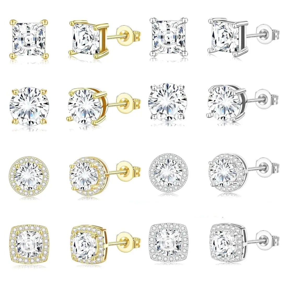 8Pairs Square Cubic Zirconia Stud Earrings Set, Gold/Sliver Plated Hypoallergenic Stainless Steel CZ Ear Studs, Suitable for Sensitive Ears, Fashion Piercing Jewelry for Women & Men