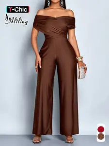 Aliling Elegant Casual Chic Women's Basic Solid Color One-Piece Jumpsuit, Shoulder Cut Out High Waist Straight Leg Pants, All Seasons Slim Fit Womenswear