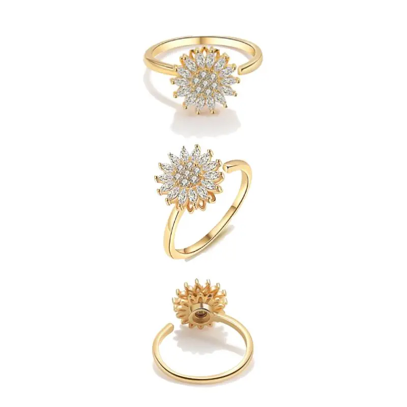 Sunflower Fidget Ring for Women, Elegant Gold Spinner Jewelry, Adjustable Stackable Band for Anxiety Relief, Stackable Rings Adjustable