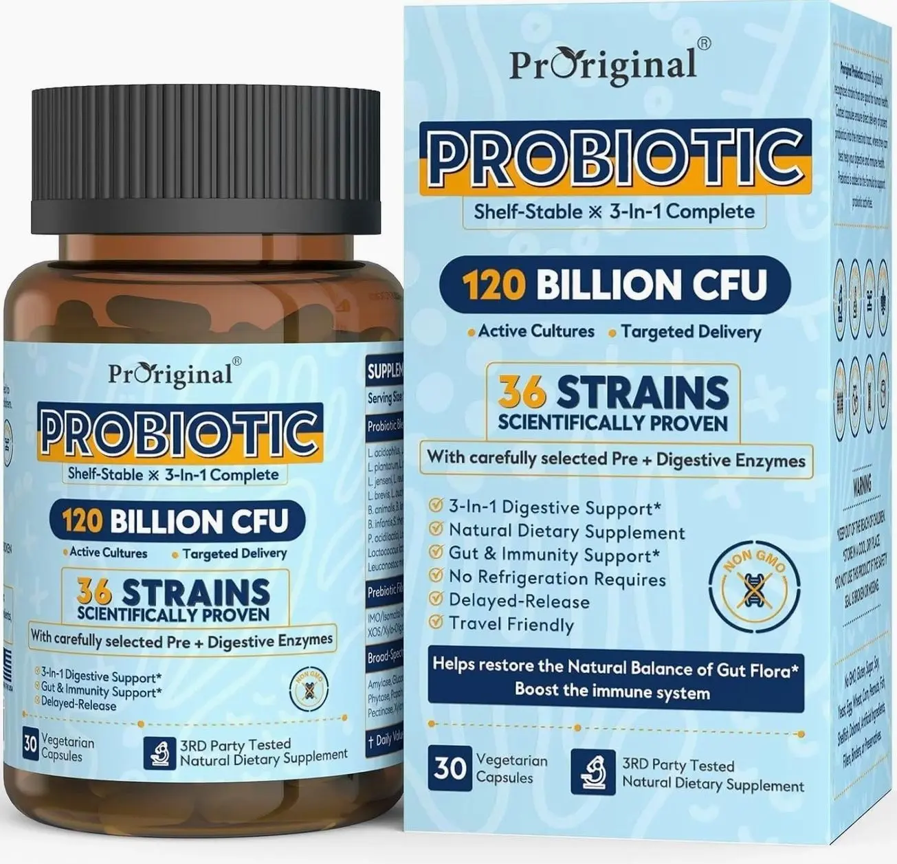 Probiotics for Women & Men 120 Billion CFU with 36 Probiotic Strains for Digestive Health and Gut Health, Delayed Release Capsules, Stomach Acid Resistant, No Need for Refrigeration 30 Capsules