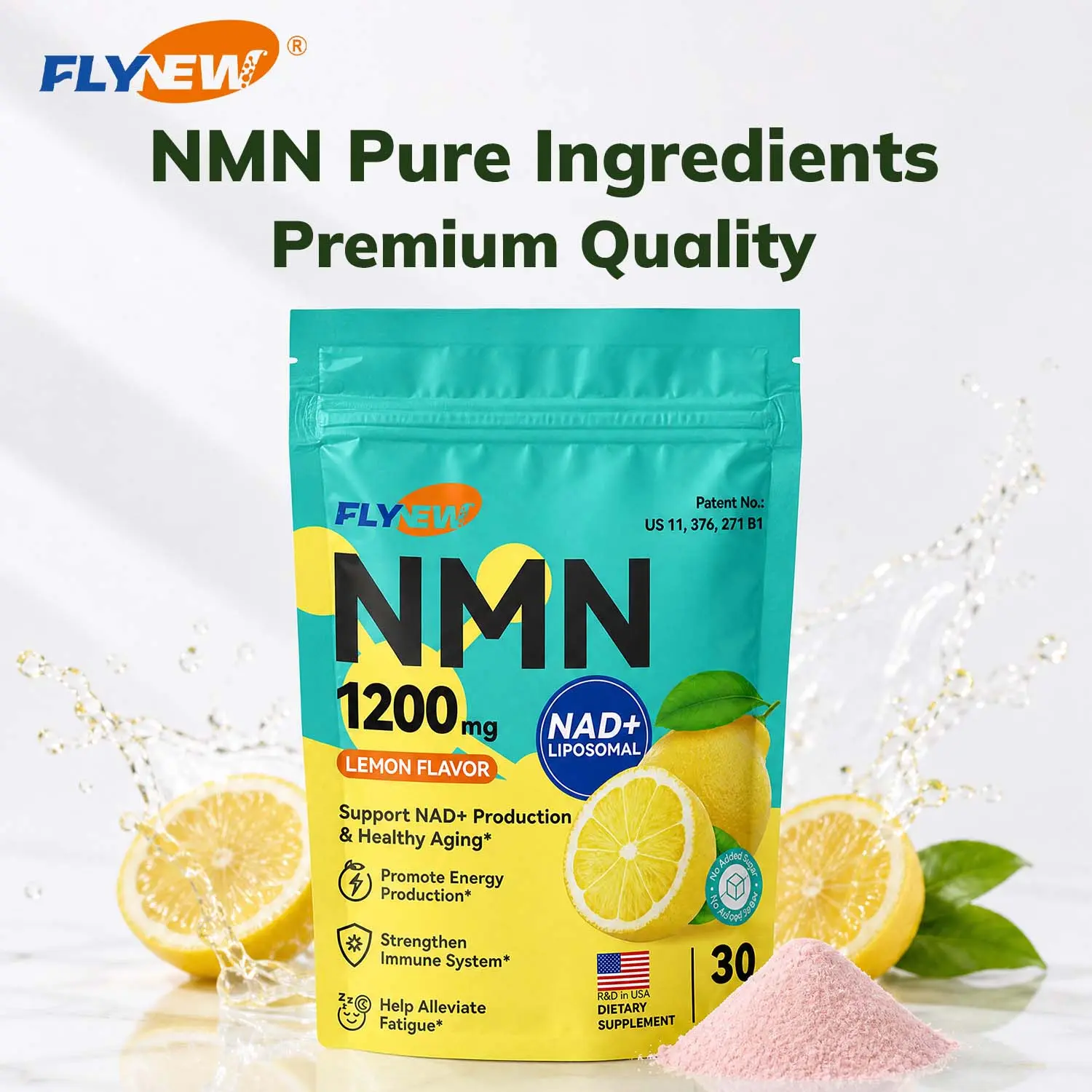 FLYNEW NMN 1200mg with Liposomal NAD+ Anti-Aging Drink Mix - 8 in 1 Formula, 30 Packets Lemon Flavor, Vegan Sugar Free