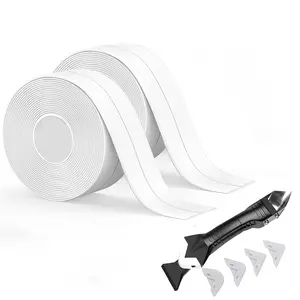 White Caulk Tape  Self Adhesive, Caulking Tape, Sealer Strip for Bathroom, Toilet Base, Shower, Bathtub, Sink, Countertop Edge Protector, Easy to Use with  Caulking Tool