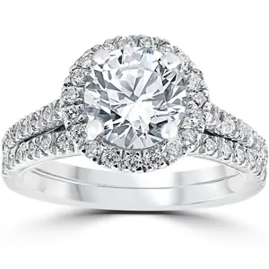 2 3/4Ct Halo Diamond Engagement Wedding Ring Set 14k White Gold Lab Grown