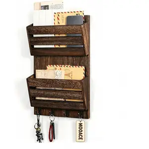 Mail Organizer Wall Mount with Key Hooks, 2-Slot Wood Mail and Key Holder, Wall File Organizer Office Letter Folder Organizer Home Farmhouse Decor