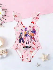 Girls' Christmas Themed Jumpsuit Set, Slim Fit Casual Style, All-Over Printed Design, Natural Waist Feature, Trendy Childrenswear