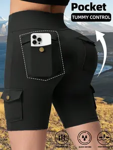 Women's Solid Pocket Gym Shorts, Quick Drying Breathable Comfortable Skinny Shorts, Ladies Sportswear for Indoor Outdoor Wear, Soft Stretch Shorts